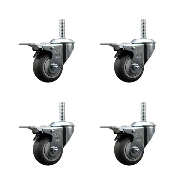 3 Inch Thermoplastic  Rubber Swivel 34 Inch Threaded Stem Caster Set with Total Lock Brake